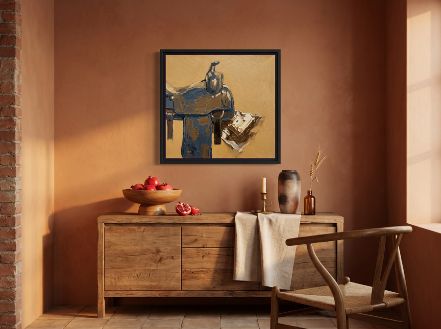 Western Saddle Still Life Wall Art — Original Palette-Knife Oil, Ochre & Slate