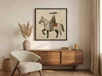 Cowboy on Horseback Wall Art — Original Palette-Knife Oil, Grey & Olive — original hand-painted oil shown on the wall in a styled room