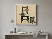Cowboy Chair Still Life Wall Art — Original Palette-Knife Oil, Olive & Tan — original hand-painted oil shown on the wall in a styled room