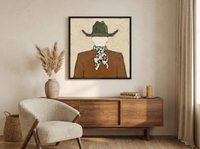 Cowboy from Behind Wall Art — Original Palette-Knife Oil, Olive & Caramel — original hand-painted oil shown on the wall in a styled room