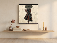 Walking Lady in a Wide Hat Wall Art — Original Palette-Knife Oil, Charcoal & Oxblood — original hand-painted oil shown on the wall in a styled room