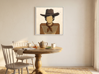 Cowboy in a Checked Shirt Wall Art — Original Palette-Knife Oil, Brown & Cream — original hand-painted oil shown on the wall in a styled room