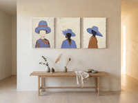 Three Women in Hats Triptych — 3 Original Oils, Periwinkle — original hand-painted oil shown on the wall in a styled room