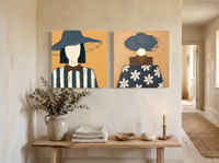 Hatted Woman, Front and Back — Set of 2 Original Oils, Slate Blue & Ochre — original hand-painted oil shown on the wall in a styled room