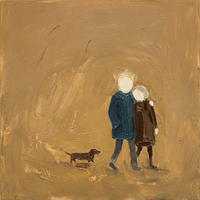 Original oil painting of a couple seen from behind, the man in a teal-blue coat and the woman in a dark brown coat, a brown dachshund at their side, on a golden ochre ground