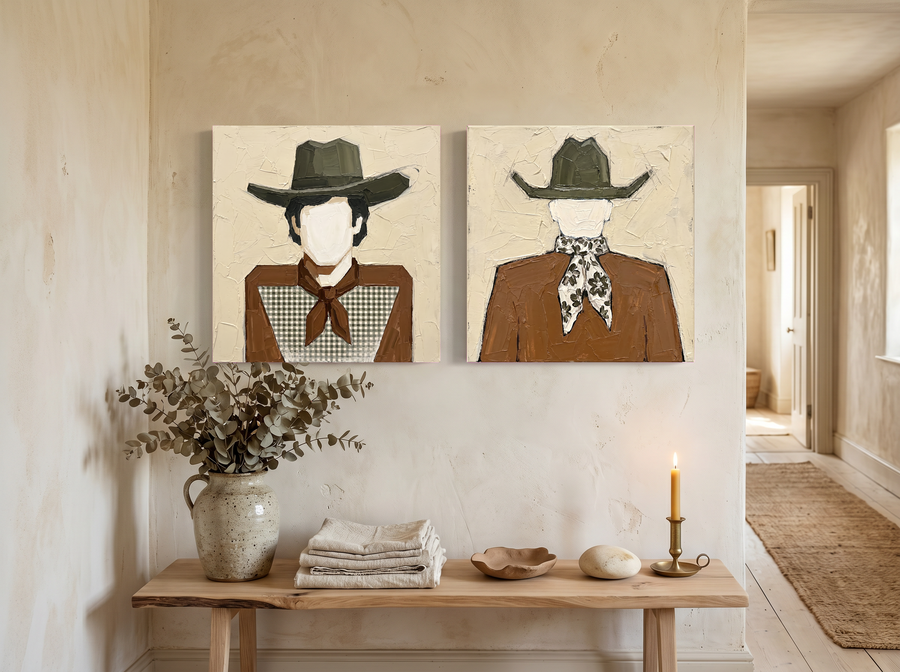 Cowboy Pair, Gingham & Floral — Set of 2 Original Oils, Olive & Caramel