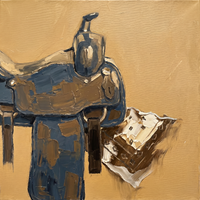 Original oil painting of a slate navy-teal and brown leather western saddle with a raised horn and a folded cream diamond bandana at its base, on a golden ochre ground