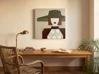 Lady in an Olive Hat Wall Art — Original Palette-Knife Oil, Olive & Oxblood — original hand-painted oil shown on the wall in a styled room