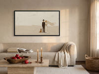 Wedding Couple & Dog Wide Wall Art — Original Palette-Knife Oil, Chocolate & Cream — original hand-painted oil shown on the wall in a styled room