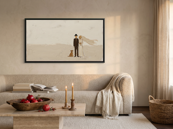 Wedding Couple & Dog Wide Wall Art — Original Palette-Knife Oil, Chocolate & Cream