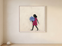 Girl with a Bouquet Wall Art — Original Palette-Knife Oil, Magenta & Cobalt — original hand-painted oil shown on the wall in a styled room