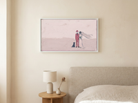 Wedding Couple & Dog Wide Wall Art — Original Palette-Knife Oil, Pink & Emerald — original hand-painted oil shown on the wall in a styled room