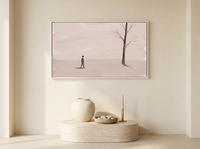 Lone Walker & Bare Tree Wide Wall Art — Original Palette-Knife Oil, Mauve & Rose-Brown — original hand-painted oil shown on the wall in a styled room