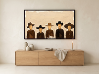 Row of Five Hatted Figures Wide Wall Art — Original Palette-Knife Oil, Chocolate & Cream — original hand-painted oil shown on the wall in a styled room