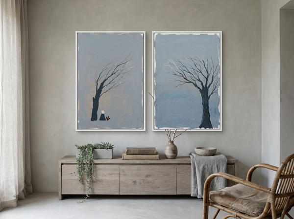 Mirrored Bare Trees — Set of 2 Original Oils, Charcoal on Slate