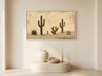 Desert Cacti Row Wide Wall Art — Original Palette-Knife Oil, Olive & Cream — original hand-painted oil shown on the wall in a styled room