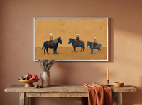 Three Children on Ponies Wide Wall Art — Original Palette-Knife Oil, Navy & Golden Ochre — original hand-painted oil shown on the wall in a styled room