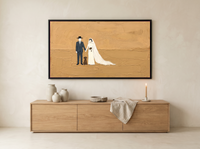 Wedding Couple and Dog Wide Wall Art — Original Palette-Knife Oil, Navy & Golden Ochre — original hand-painted oil shown on the wall in a styled room