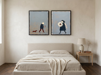 Man with Dog & Woman with Bouquet — Set of 2 Original Oils, Charcoal & Slate — original hand-painted oil shown on the wall in a styled room