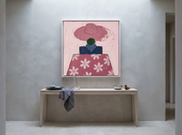 Lady in a Daisy Shirt Wall Art — Original Palette-Knife Oil, Mauve & Navy — original hand-painted oil shown on the wall in a styled room
