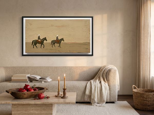 Two Riders Across Olive Pasture Wide Canvas — Original Palette-Knife Oil, Olive & Sienna