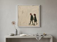 Couple Walking Hand in Hand Wall Art — Original Oil, Charcoal & Oxblood — original hand-painted oil shown on the wall in a styled room