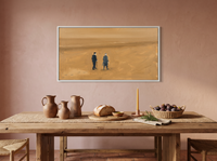 Two Figures on a Beach Wide Wall Art — Original Oil, Golden Ochre & Navy — original hand-painted oil shown on the wall in a styled room