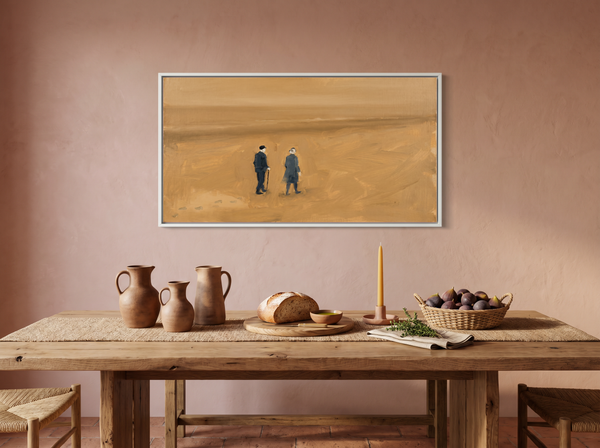 Two Figures on a Beach Wide Wall Art — Original Oil, Golden Ochre & Navy