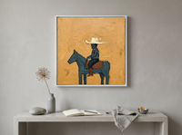 Cowboy on Horseback Wall Art — Original Palette-Knife Oil, Navy & Ochre — original hand-painted oil shown on the wall in a styled room