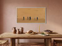 Five Walkers Wide Wall Art — Original Oil Landscape, Golden Ochre & Navy — original hand-painted oil shown on the wall in a styled room