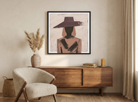 Woman in a Wide Hat Wall Art — Original Palette-Knife Oil, Mauve & Charcoal — original hand-painted oil shown on the wall in a styled room