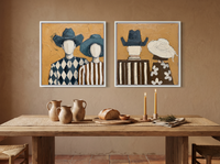 Cowboy & Cowgirl, Front & Back — Set of 2 Original Oils, Teal & Ochre — original hand-painted oil shown on the wall in a styled room