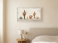Desert Cacti Row Wide Wall Art — Original Palette-Knife Oil, Sage & Terracotta — original hand-painted oil shown on the wall in a styled room