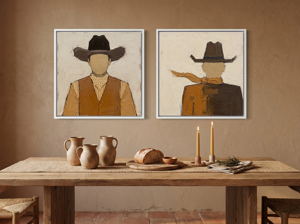 Cowboy Pair, Front & Back — Set of 2 Original Oils, Rust & Chocolate