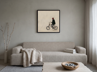 Cyclist Wall Art — Original Palette-Knife Oil, Olive & Oxblood — original hand-painted oil shown on the wall in a styled room