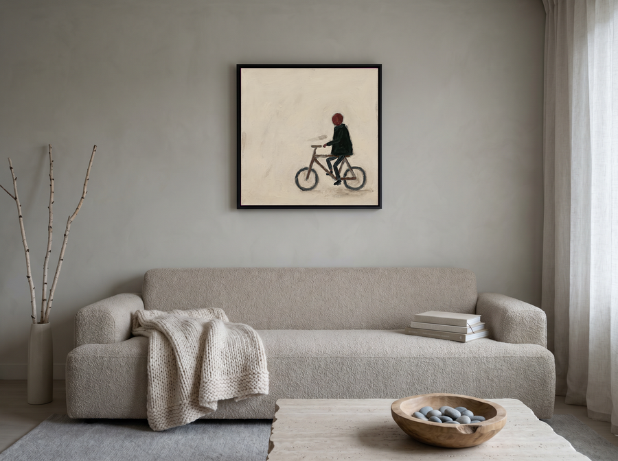 Cyclist Wall Art — Original Palette-Knife Oil, Olive & Oxblood