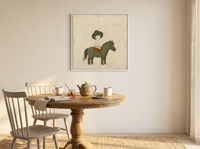 Child on a Pony Wall Art — Original Palette-Knife Oil, Olive & Rust — original hand-painted oil shown on the wall in a styled room