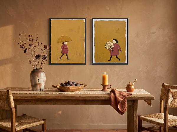 Woman with Umbrella & Woman with Bouquet — Set of 2 Original Oils, Mustard & Rose