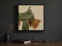 Western Saddle & Bandana Wall Art — Original Palette-Knife Oil, Olive & Sienna — original hand-painted oil shown on the wall in a styled room