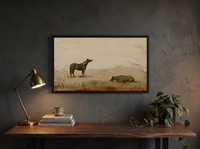 Standing and Resting Horses Wide Wall Art — Original Palette-Knife Oil, Olive & Oat — original hand-painted oil shown on the wall in a styled room