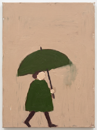 Oil painting of a man in a moss-green coat walking left with a folded paper, a small dachshund trailing behind, on a warm mocha ground.