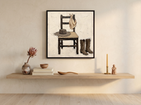 Cowboy Chair Still Life Wall Art — Original Palette-Knife Oil, Brown & Cream — original hand-painted oil shown on the wall in a styled room