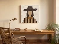 Lady in an Angular Brown Hat Wall Art — Original Palette-Knife Oil, Chocolate & Tan — original hand-painted oil shown on the wall in a styled room