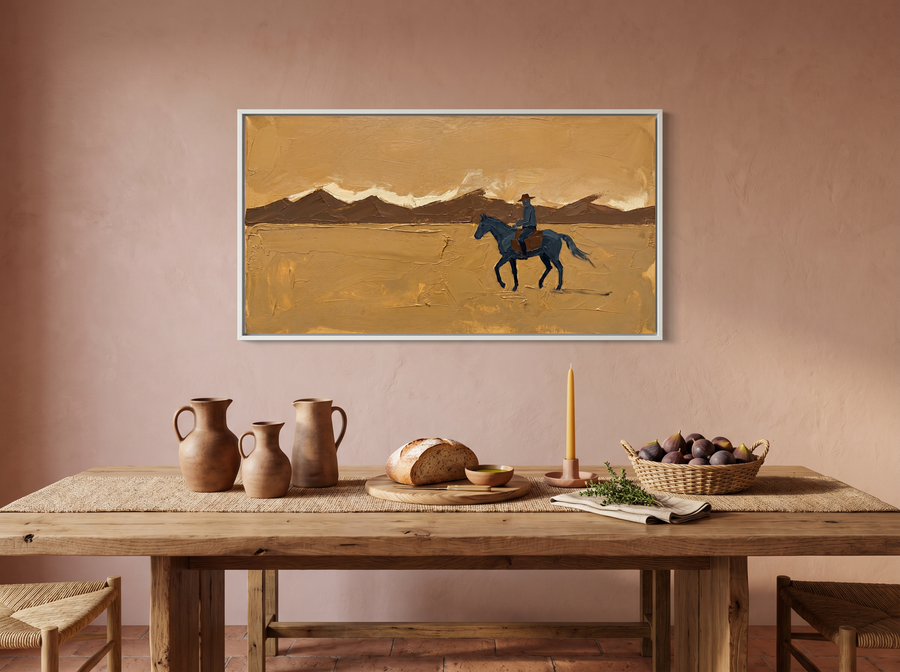 Lone Rider and Mountain Ridge Wide Wall Art — Original Palette-Knife Oil, Navy & Golden Ochre