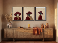 Three Women in Hats Triptych — 3 Original Oils, Wine — original hand-painted oil shown on the wall in a styled room