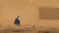 Original wide oil painting of a stooped old man in a navy coat feeding grey-blue pigeons across a misty golden-ochre plaza, with a soft architecture block at the right