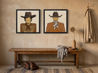 Cowboy Pair, Gingham & Floral — Set of 2 Original Oils, Caramel & Chocolate — original hand-painted oil shown on the wall in a styled room