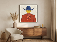 Cowboy from Behind Wall Art — Original Palette-Knife Oil, Cobalt & Rust — original hand-painted oil shown on the wall in a styled room