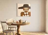Lady in a Brown Hat Wall Art — Original Palette-Knife Oil, Chocolate & Rust — original hand-painted oil shown on the wall in a styled room
