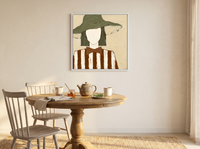 Lady in a Floppy Hat Wall Art — Original Palette-Knife Oil, Olive & Cream — original hand-painted oil shown on the wall in a styled room